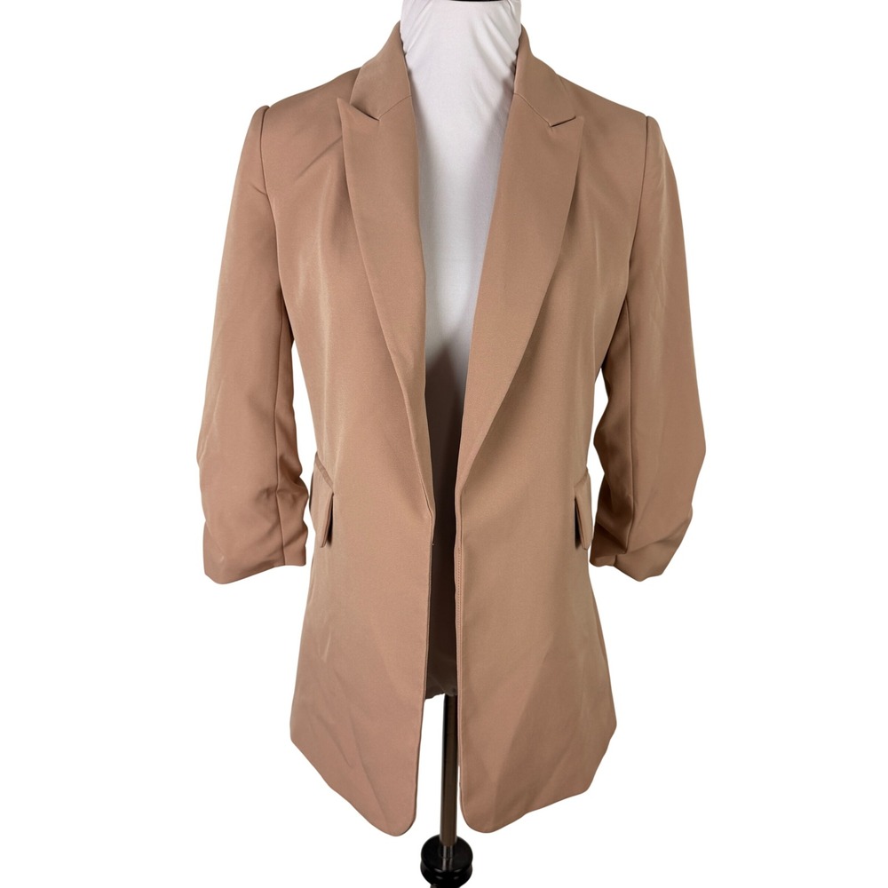 Scoop Women's XS Ruched 3/4 Sleeve Open Front Blazer Tan Camel
